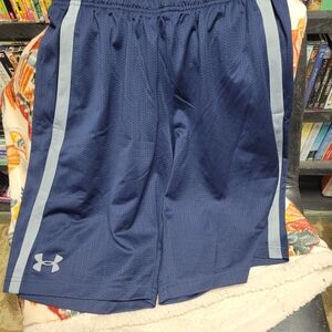Under Armour Men's Dark Blue Athletic Shorts with Gray Stripes. Size Small